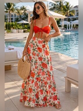 NWT! Windsor Red Orange Smocked Ring-Front Crop  Tank Top